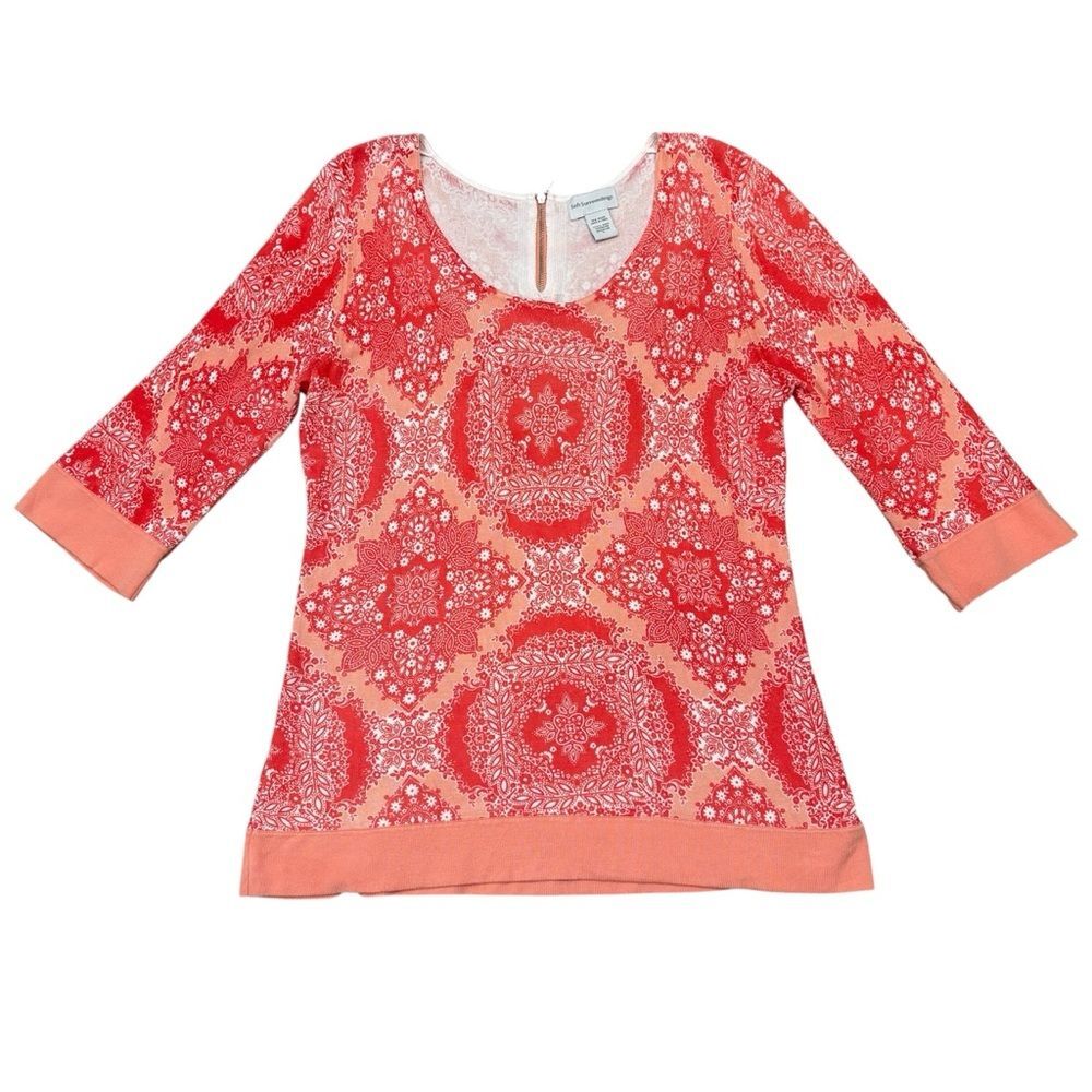 Soft Surroundings Red Orange 3/4 Sleeve Sweater Top Zip Back Size PL Petite